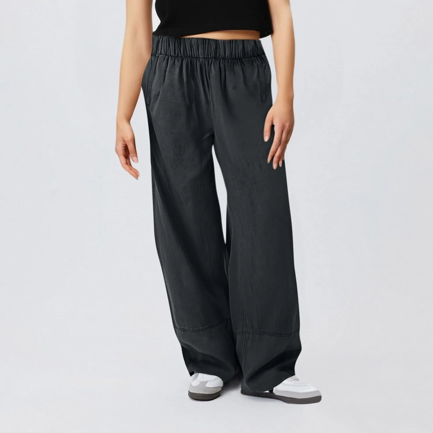 fanmpghleoo Wide Leg Linen Pants for Women Elastic High Waisted Palazzo Pants Summer Beach Travel Linen Trousers with Pockets