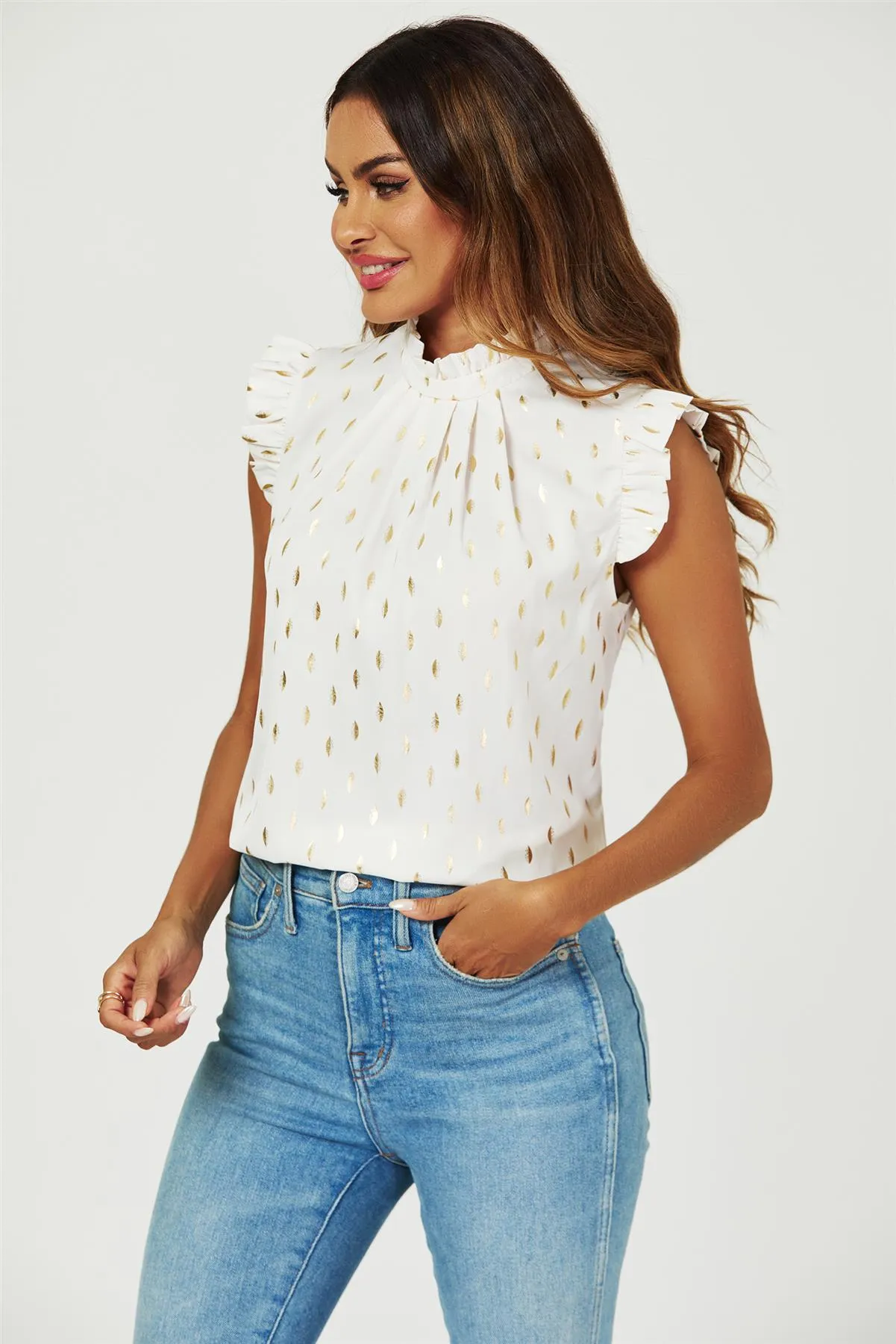 FS Collection Gold Foil Frill Trim Sleeve High Neck Blouse Top In Cream
