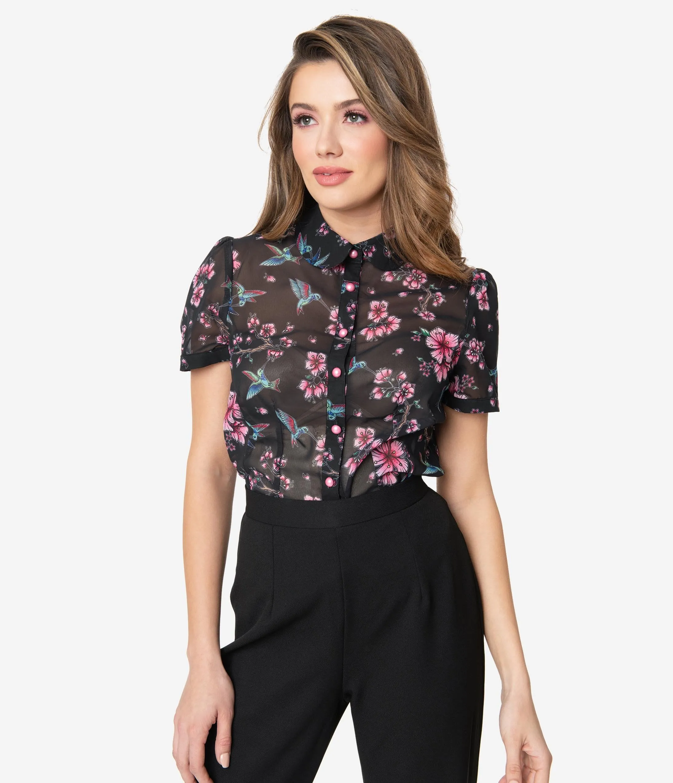 Hell Bunny Black & Pink Floral Madison Blouse