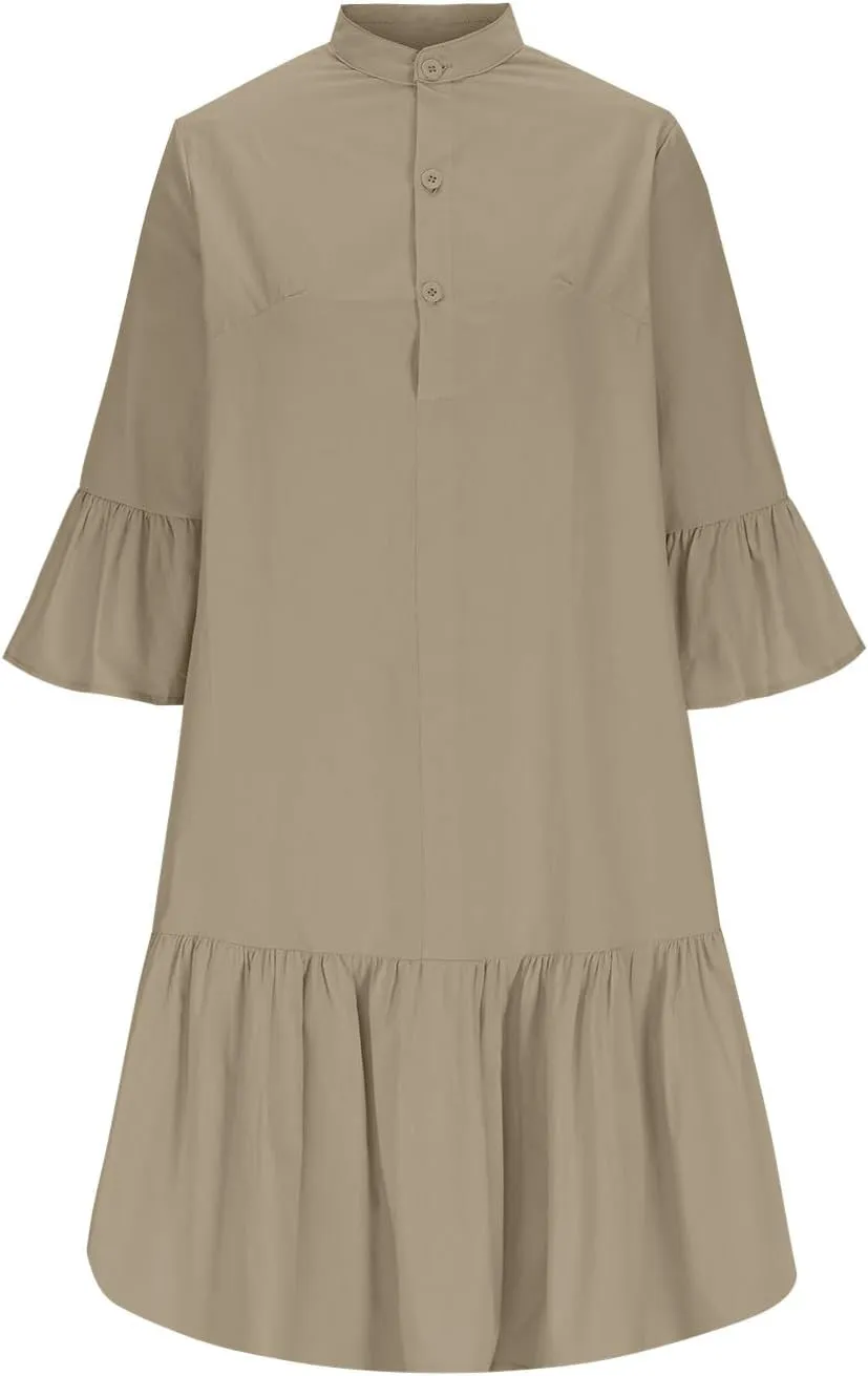 hlysgo Short Dress for Women 2025 Summer Ruffled 3/4 Sleeve V Neck Button Up Mini Dresses Casual Cotton Linen Beach Dress