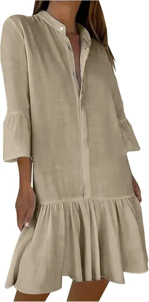 hlysgo Short Dress for Women 2025 Summer Ruffled 3/4 Sleeve V Neck Button Up Mini Dresses Casual Cotton Linen Beach Dress
