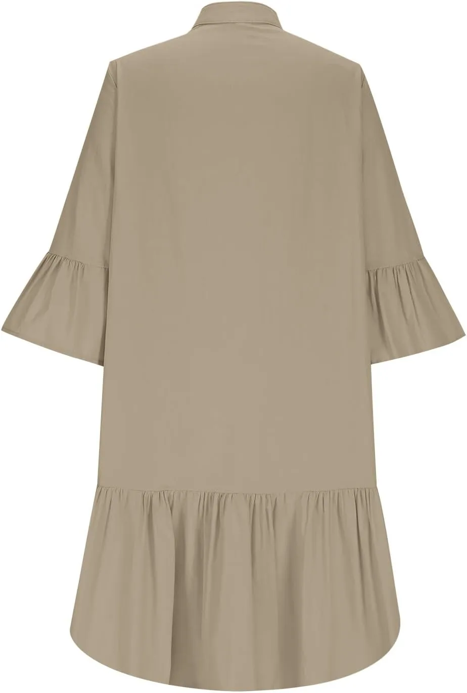 hlysgo Short Dress for Women 2025 Summer Ruffled 3/4 Sleeve V Neck Button Up Mini Dresses Casual Cotton Linen Beach Dress