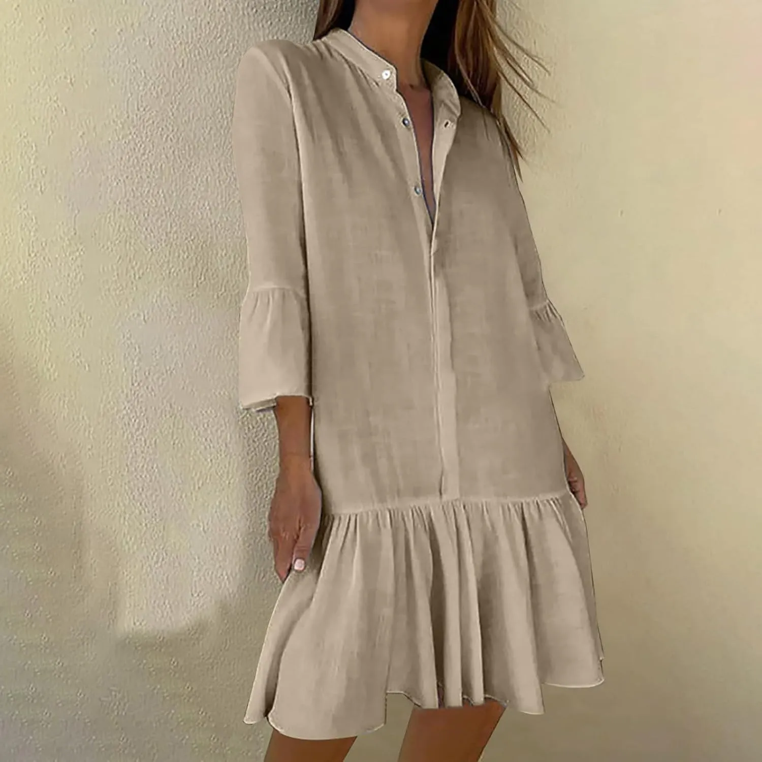hlysgo Short Dress for Women 2025 Summer Ruffled 3/4 Sleeve V Neck Button Up Mini Dresses Casual Cotton Linen Beach Dress