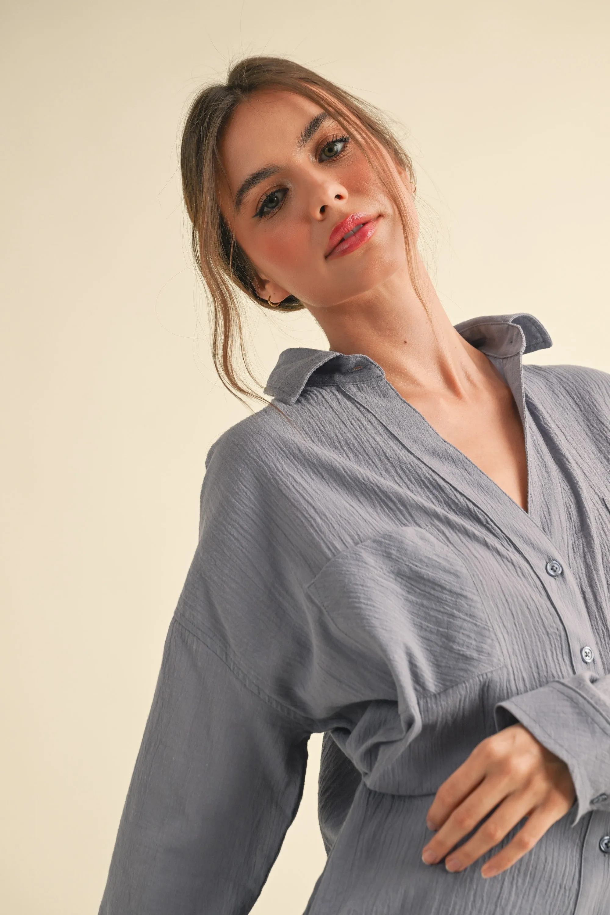 Jaylani Button Down Basic Cotton Shirt in Blue