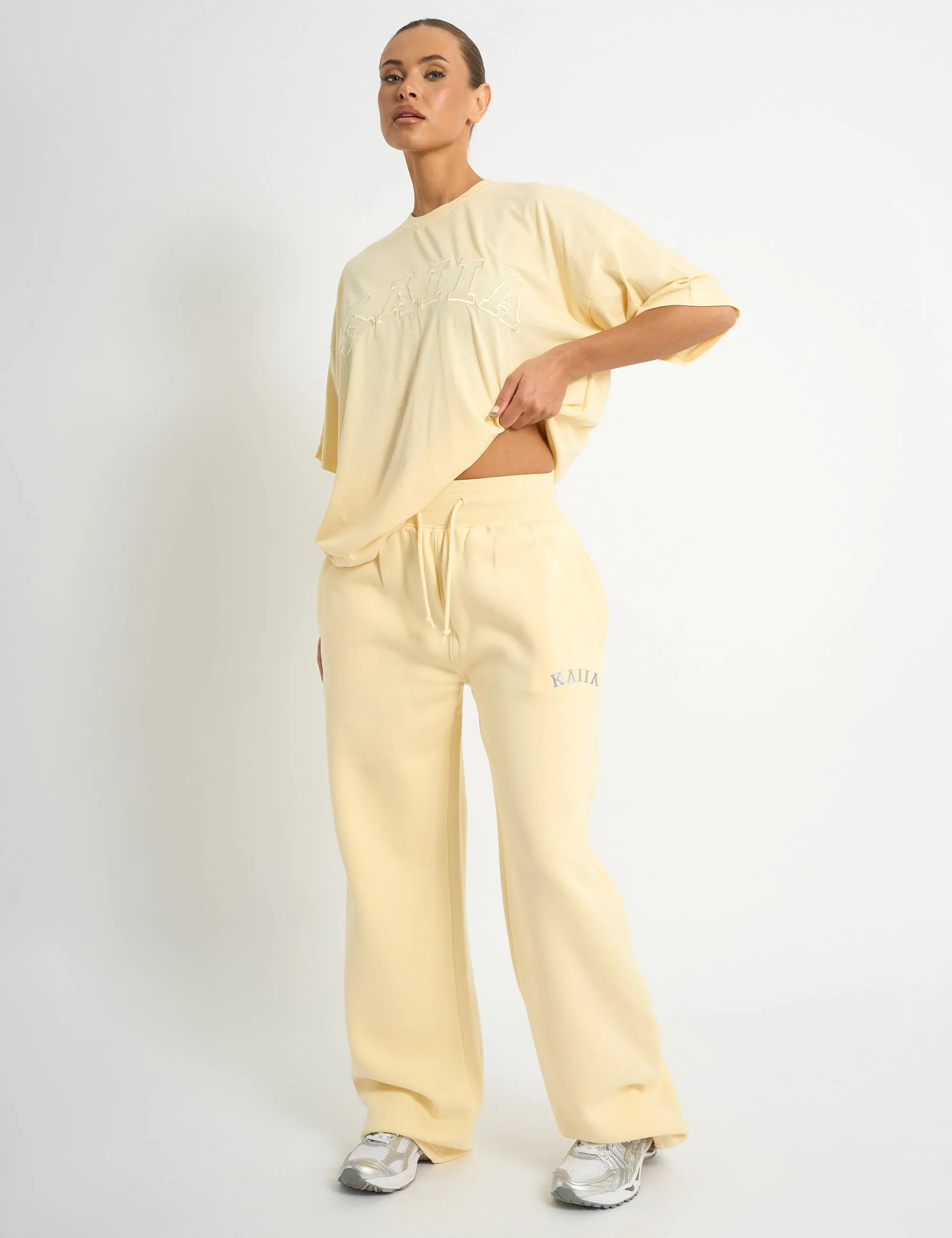 Kaiia Ribbed Waistband Wide Leg Joggers Soft Yellow