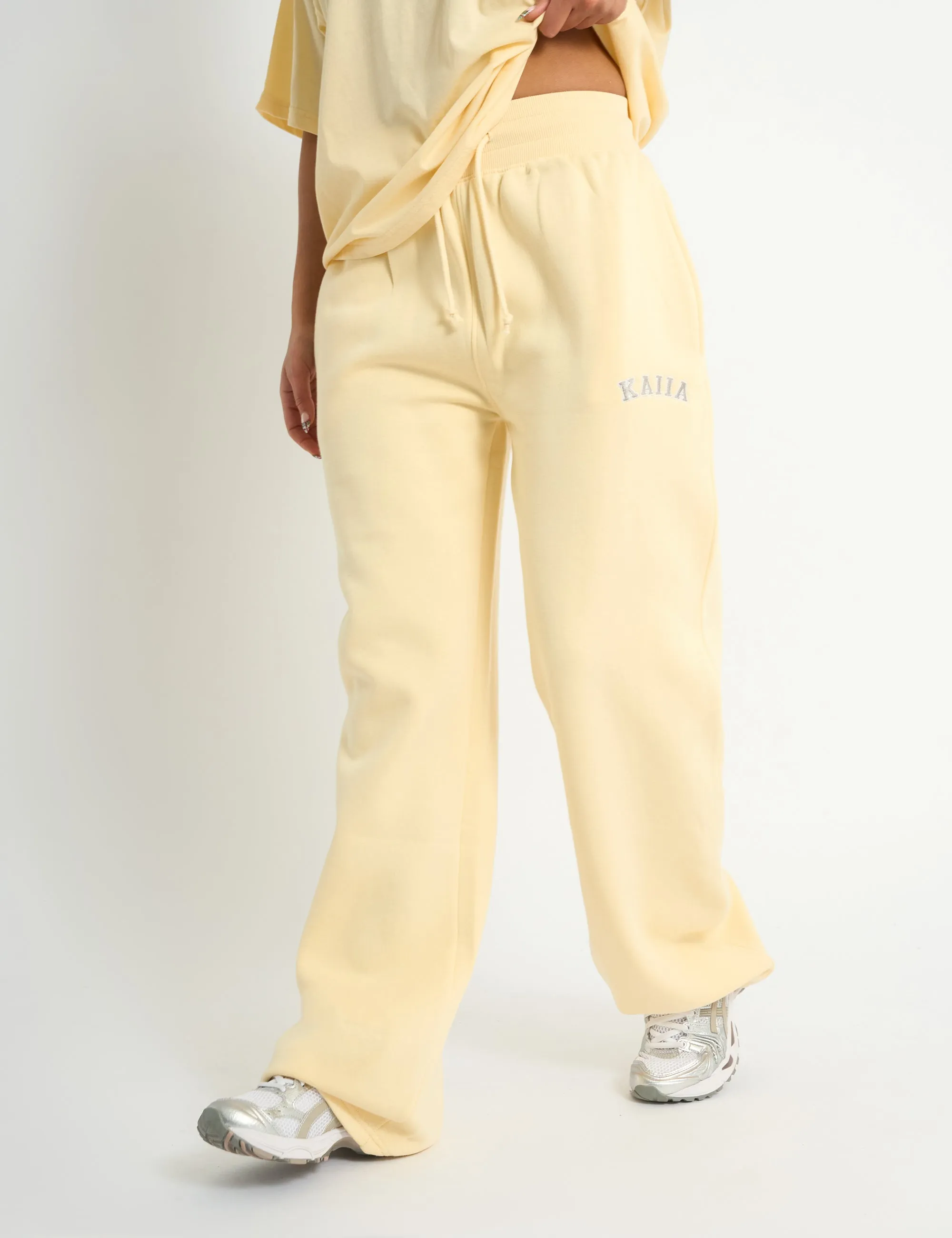 Kaiia Ribbed Waistband Wide Leg Joggers Soft Yellow