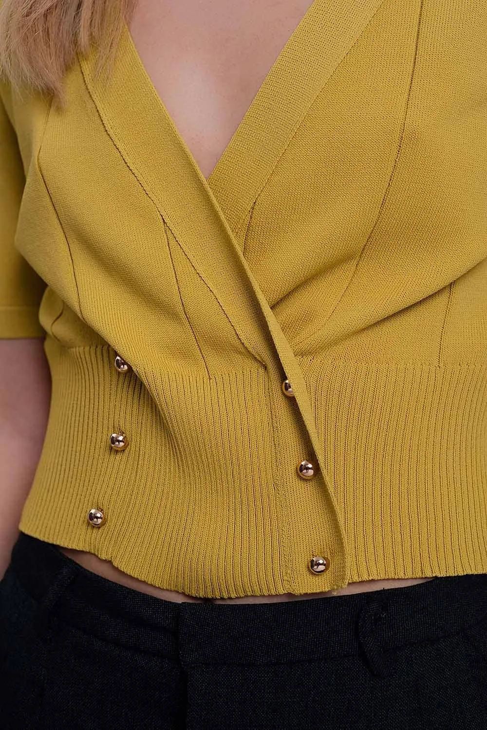 Knit Button Through Cardi Top In Green