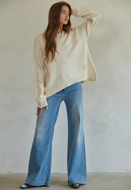 Knit Sweater with Hearts Print - Natural Pink