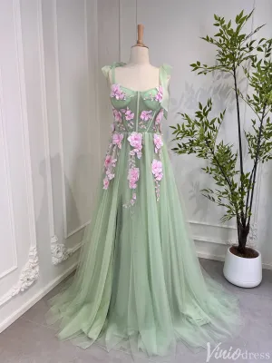 Light Green Tulle Prom Dresses with Pink Flowers Floral Evening Dress 80005