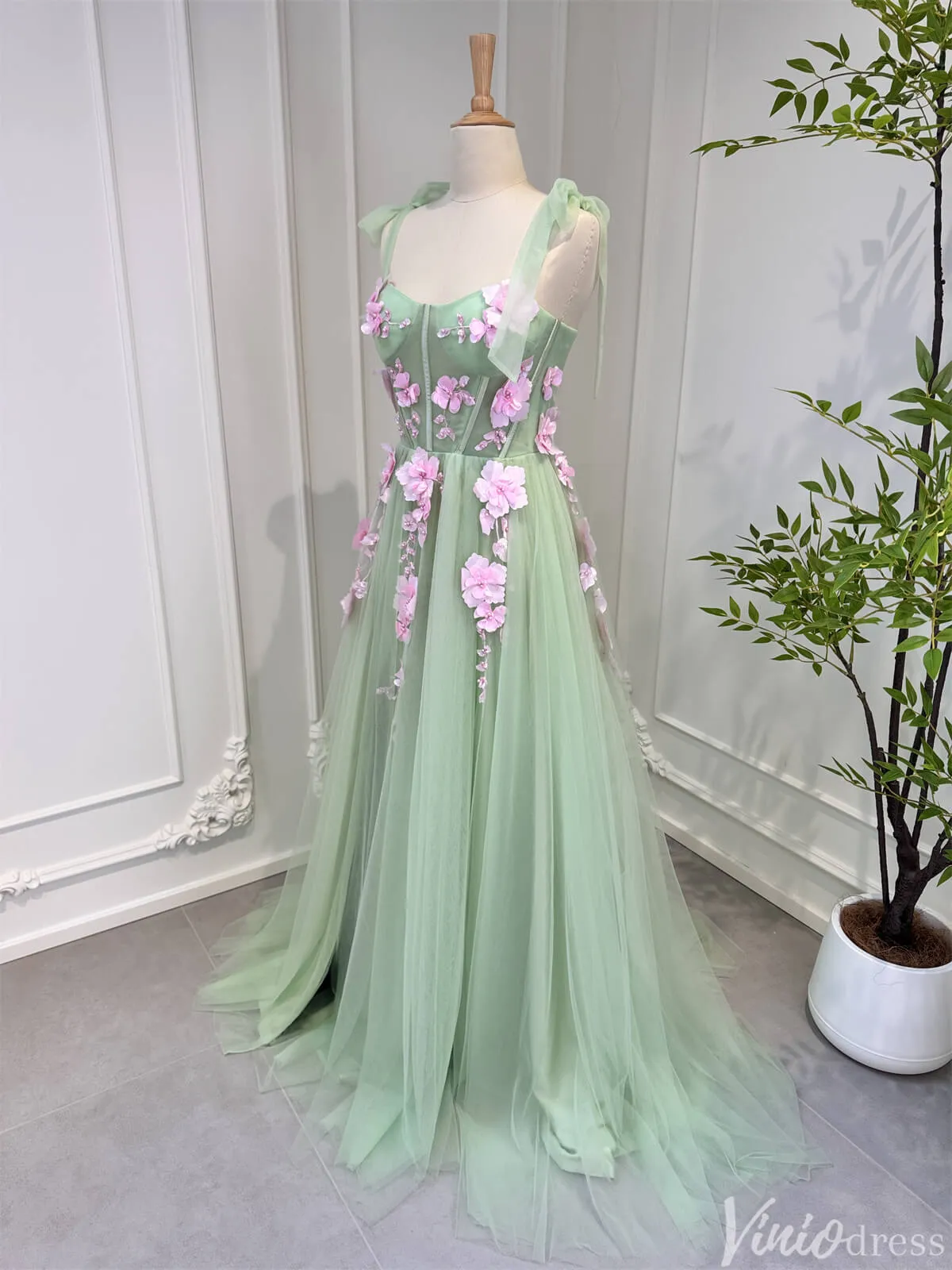 Light Green Tulle Prom Dresses with Pink Flowers Floral Evening Dress 80005