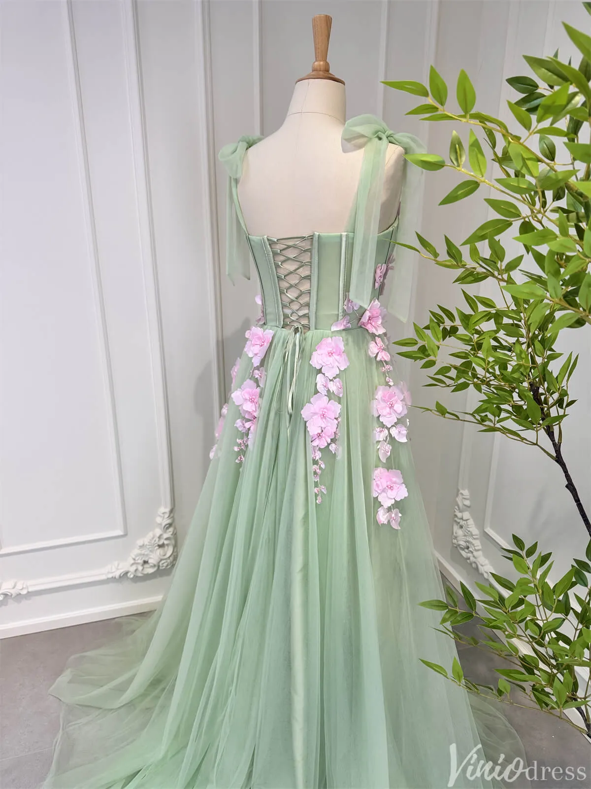 Light Green Tulle Prom Dresses with Pink Flowers Floral Evening Dress 80005