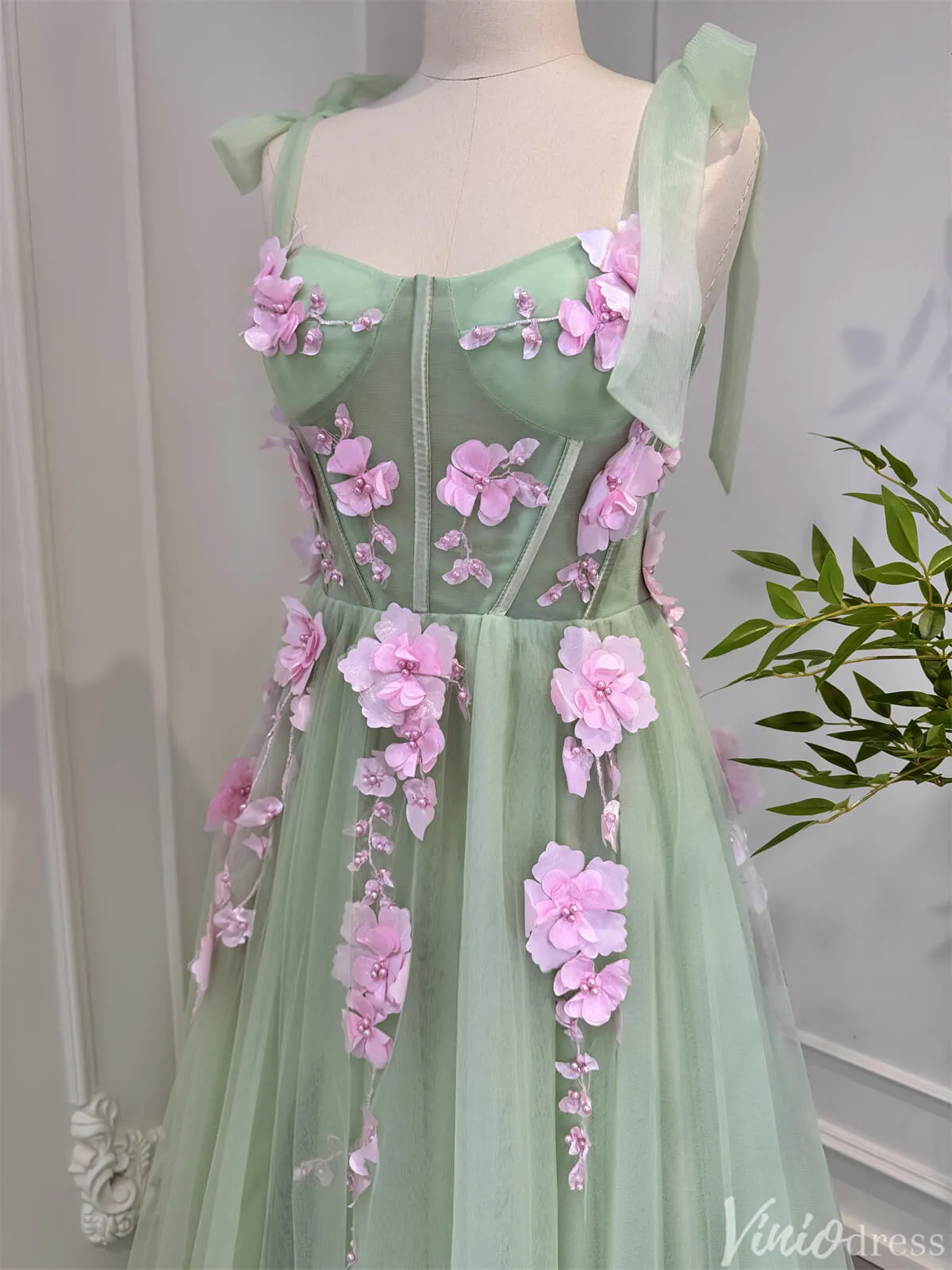 Light Green Tulle Prom Dresses with Pink Flowers Floral Evening Dress 80005