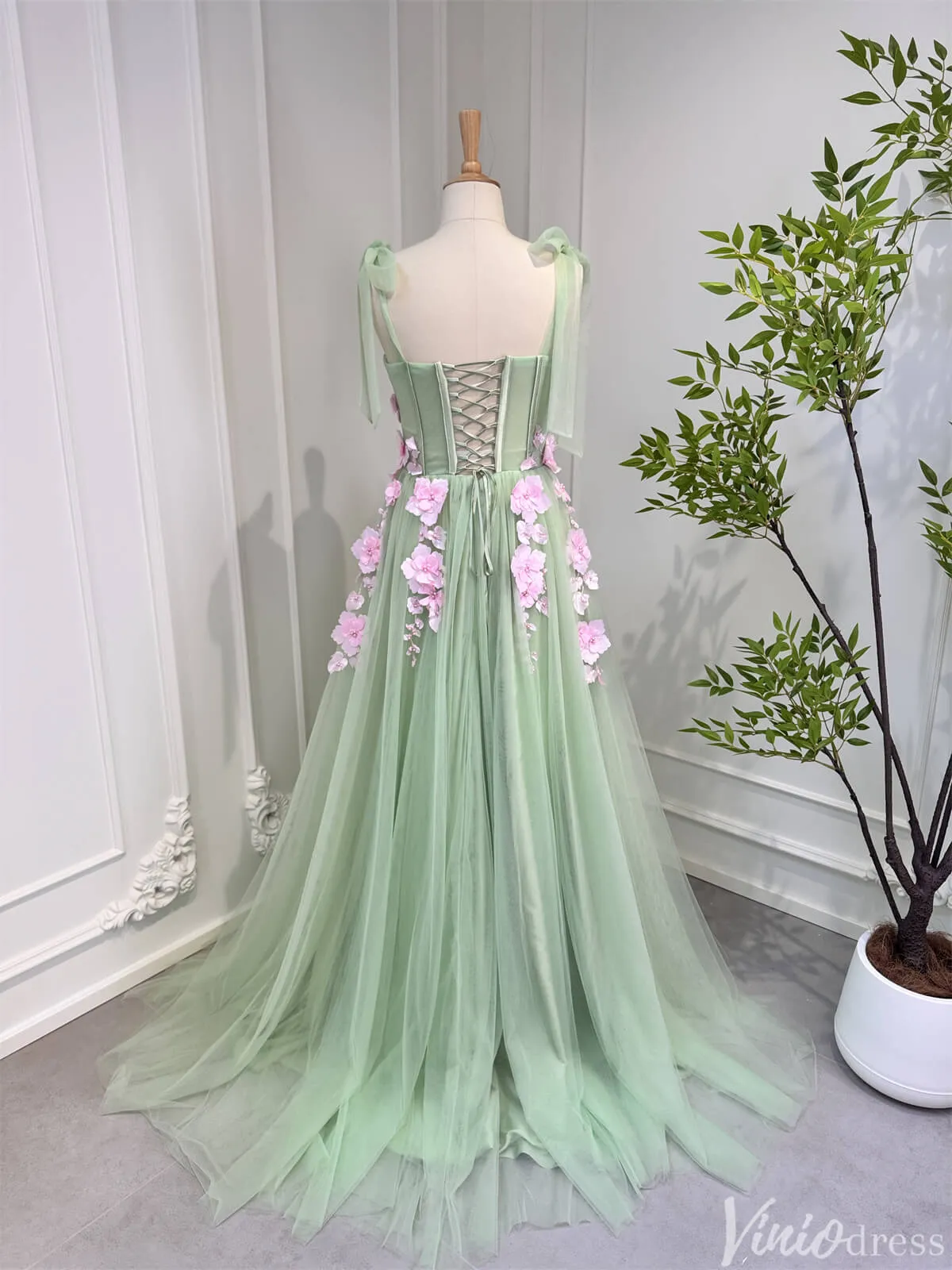 Light Green Tulle Prom Dresses with Pink Flowers Floral Evening Dress 80005