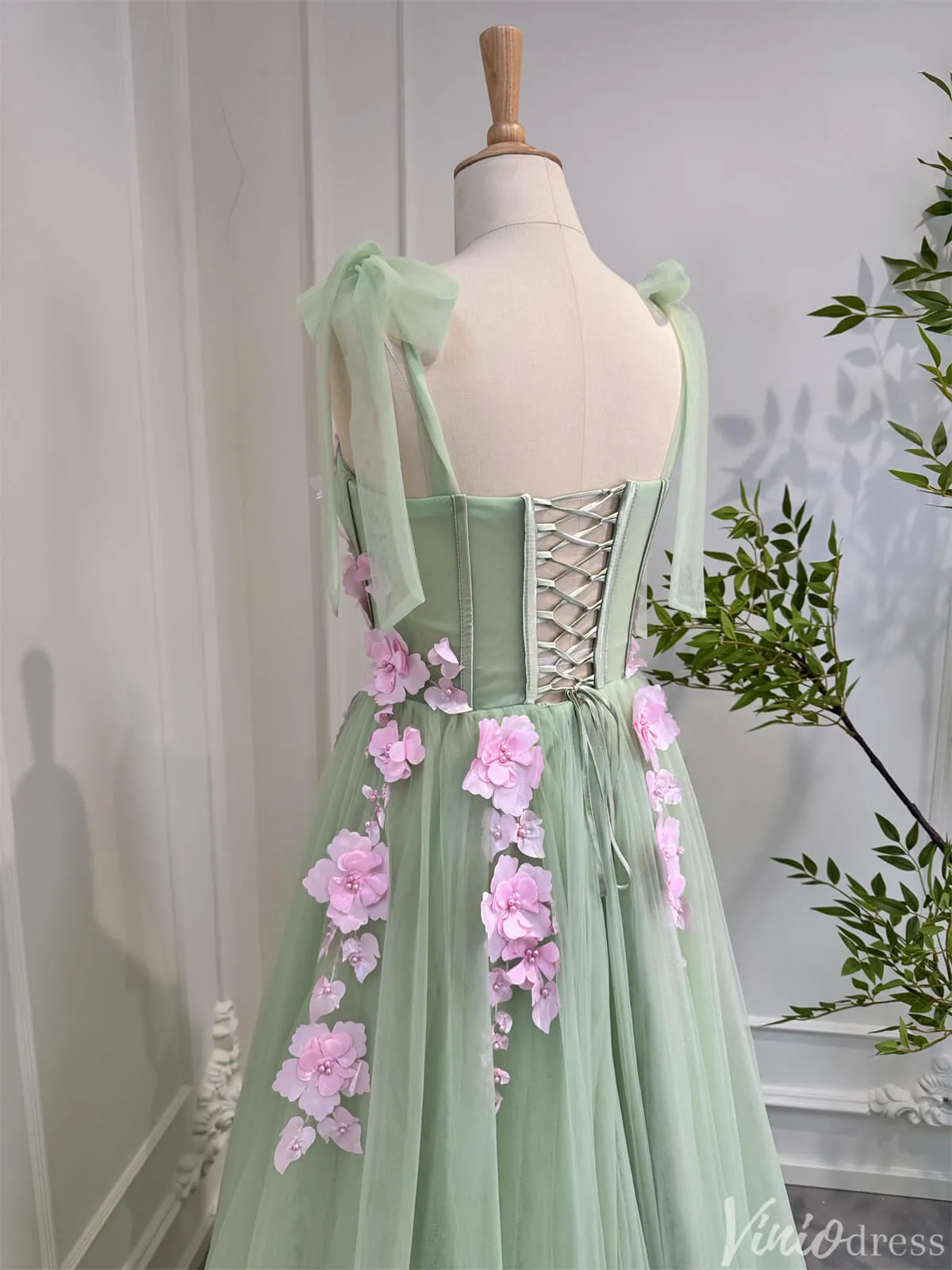 Light Green Tulle Prom Dresses with Pink Flowers Floral Evening Dress 80005