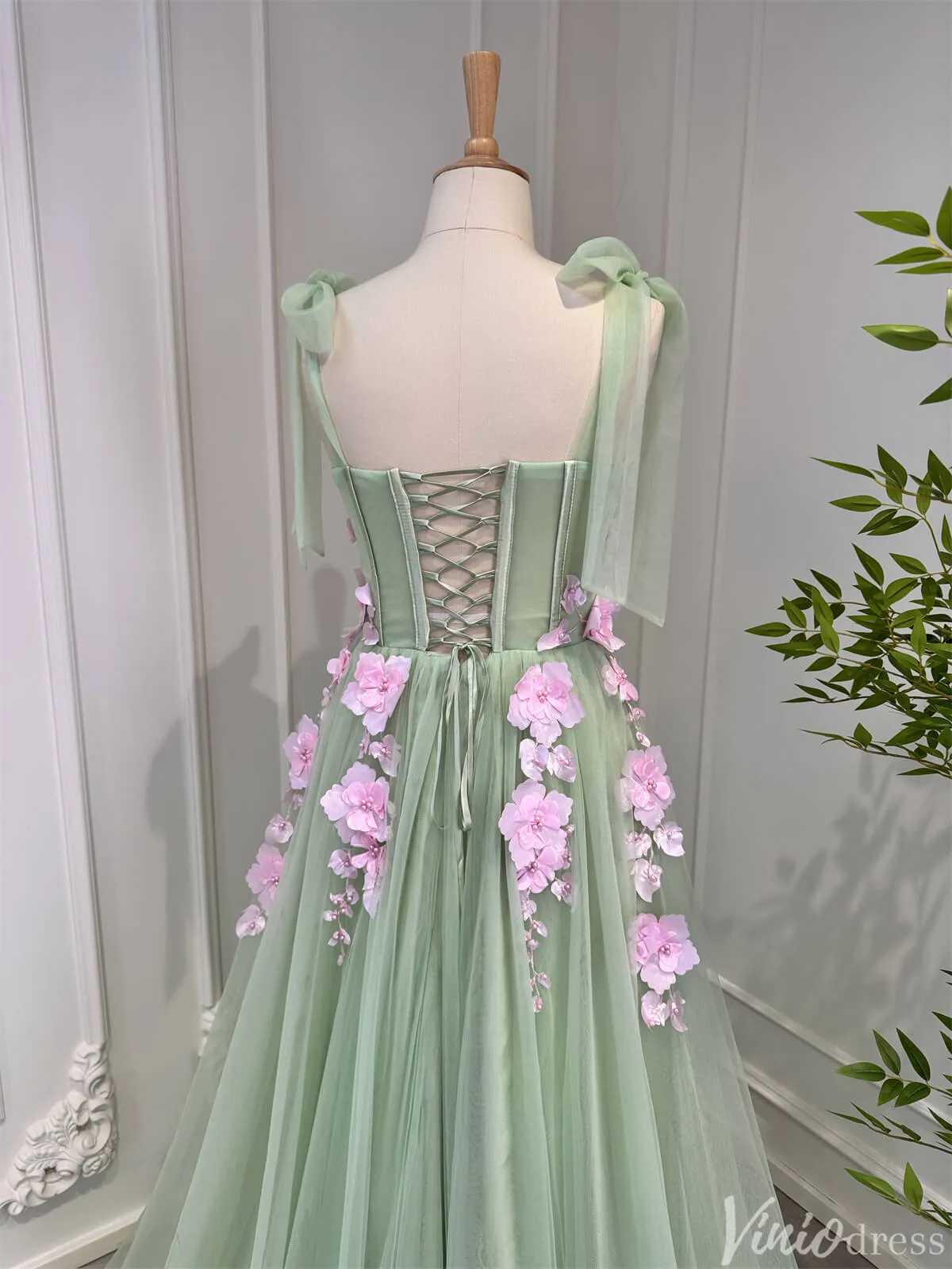 Light Green Tulle Prom Dresses with Pink Flowers Floral Evening Dress 80005