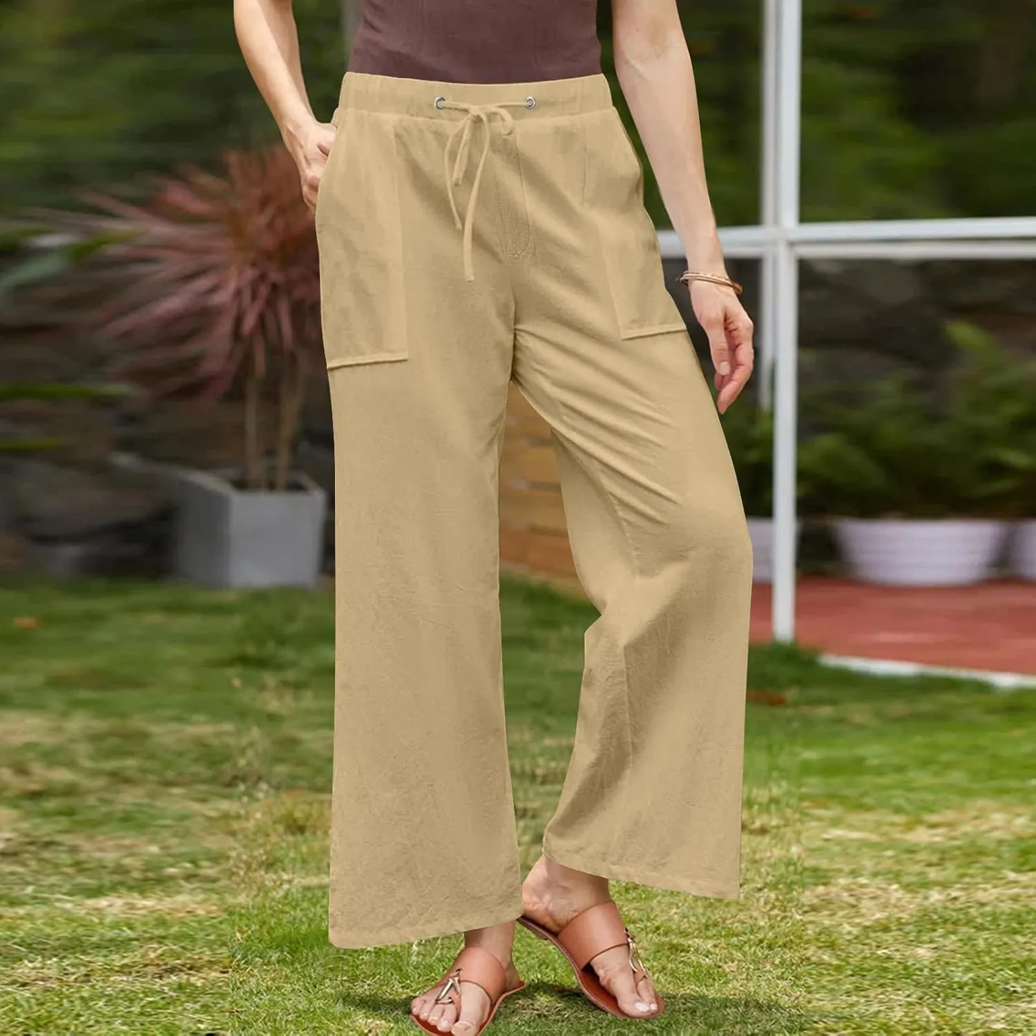 Lightweight Cotton Linen Pants Women Solid Drawstring Straight Wide Leg Trousers Summer Comfy Vacation Pant Plus Size
