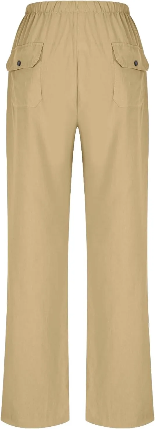 Lightweight Cotton Linen Pants Women Solid Drawstring Straight Wide Leg Trousers Summer Comfy Vacation Pant Plus Size