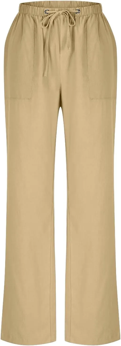 Lightweight Cotton Linen Pants Women Solid Drawstring Straight Wide Leg Trousers Summer Comfy Vacation Pant Plus Size