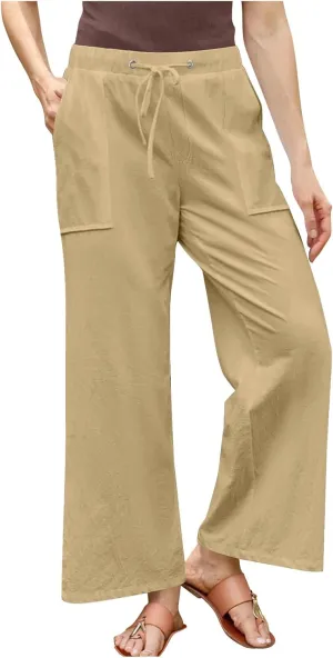 Lightweight Cotton Linen Pants Women Solid Drawstring Straight Wide Leg Trousers Summer Comfy Vacation Pant Plus Size