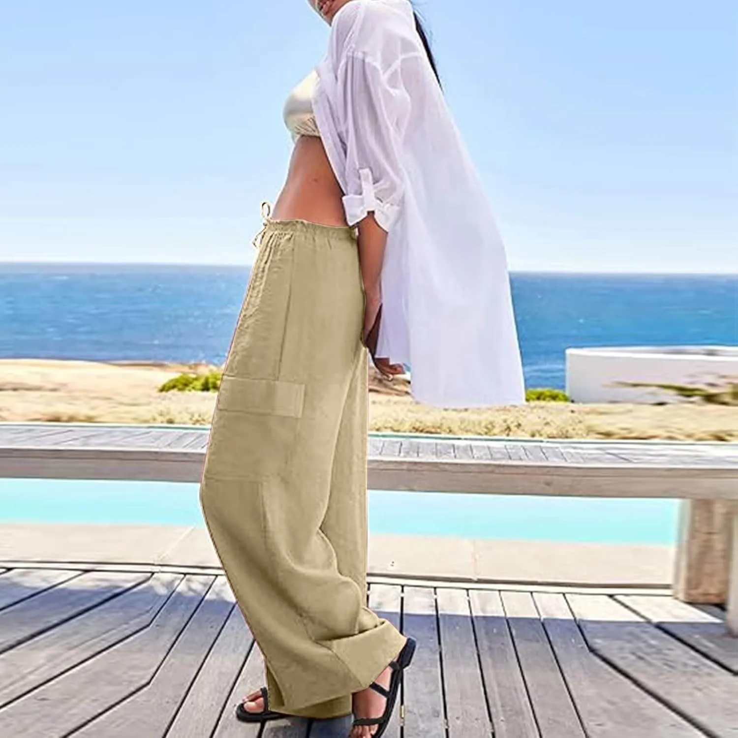 Linen Cargo Pants Women Lightweight Business Casual Summer Pants Comfy Cotton Work Trousers Baggy Slacks with Pockets