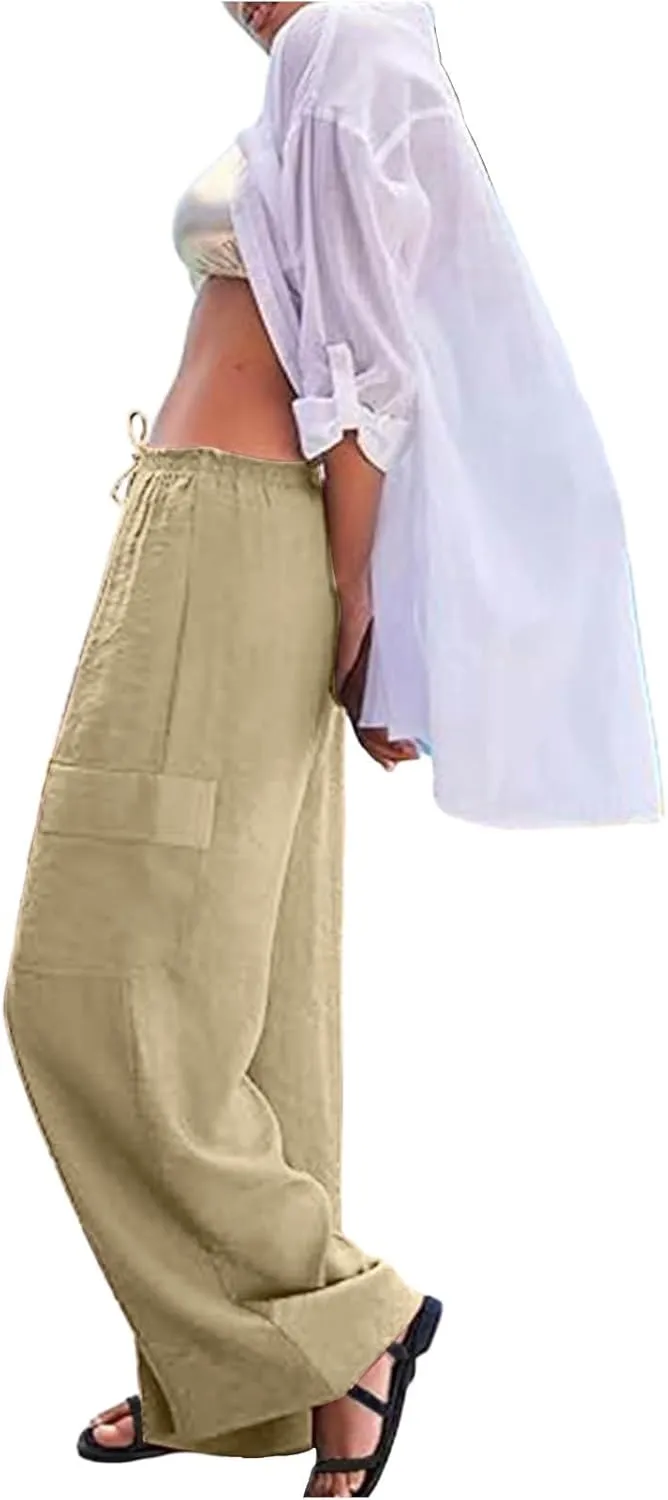 Linen Cargo Pants Women Lightweight Business Casual Summer Pants Comfy Cotton Work Trousers Baggy Slacks with Pockets