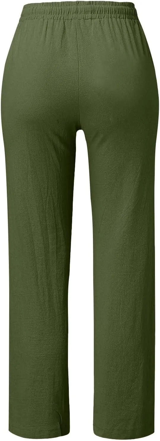 Linen Pants Women 2025 Summer Drawstring Elastic High Waisted Straight Leg Trousers Baggy Lounge Pants with Pockets