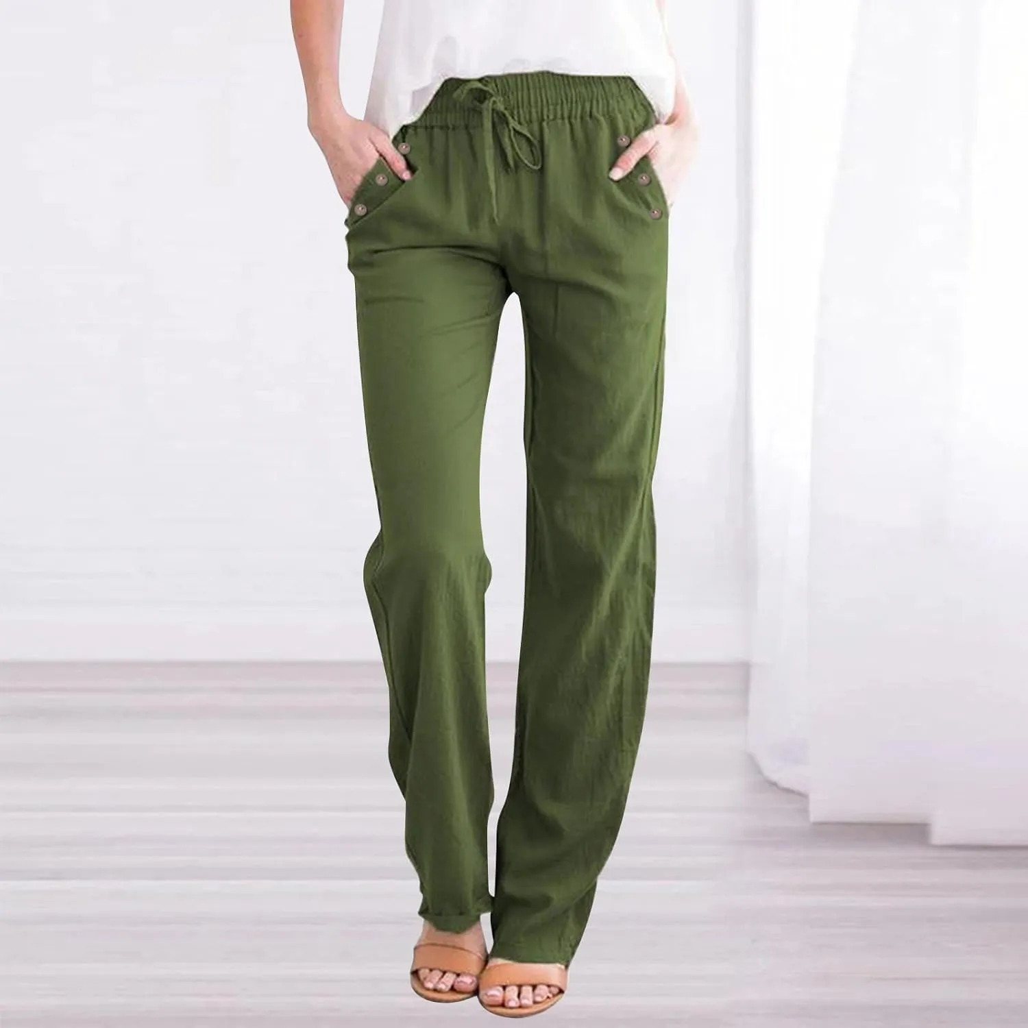 Linen Pants Women 2025 Summer Drawstring Elastic High Waisted Straight Leg Trousers Baggy Lounge Pants with Pockets