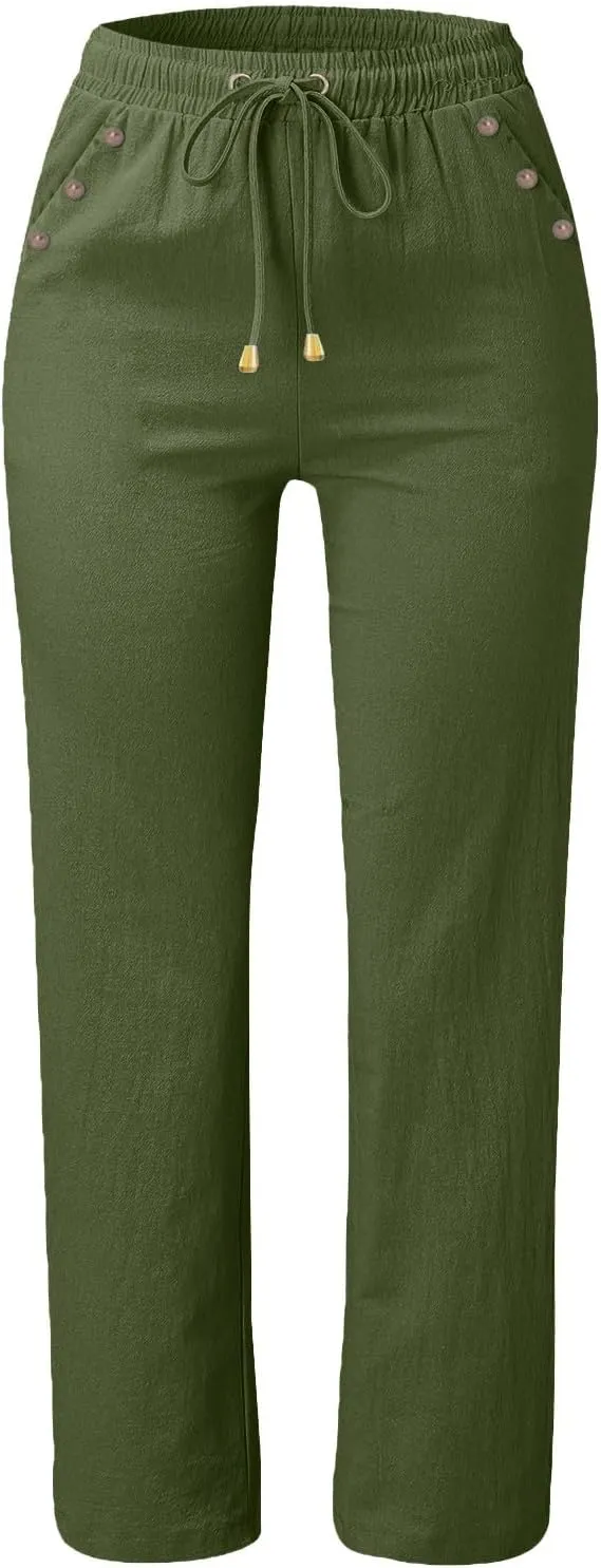 Linen Pants Women 2025 Summer Drawstring Elastic High Waisted Straight Leg Trousers Baggy Lounge Pants with Pockets