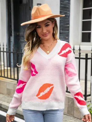 Lip V-Neck Drop Shoulder Sweater | Casual Sweater With Ribbed Sleeves And Hem