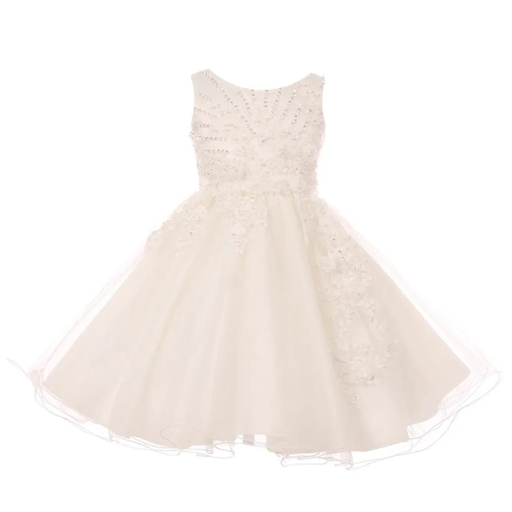 Little Girls Ivory Pearl Beaded Glitter Tulle Flower Girl Dress 2-6