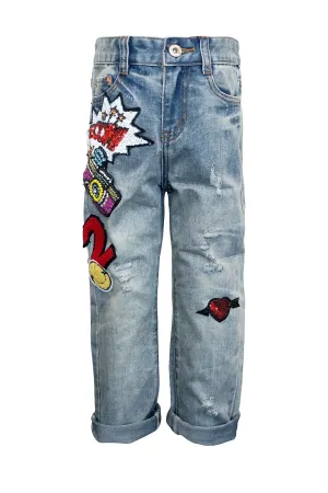 Little Girls Medium Wash Distressed Comic Book Sequin Patch Relaxed Fit Boyfriend Jeans
