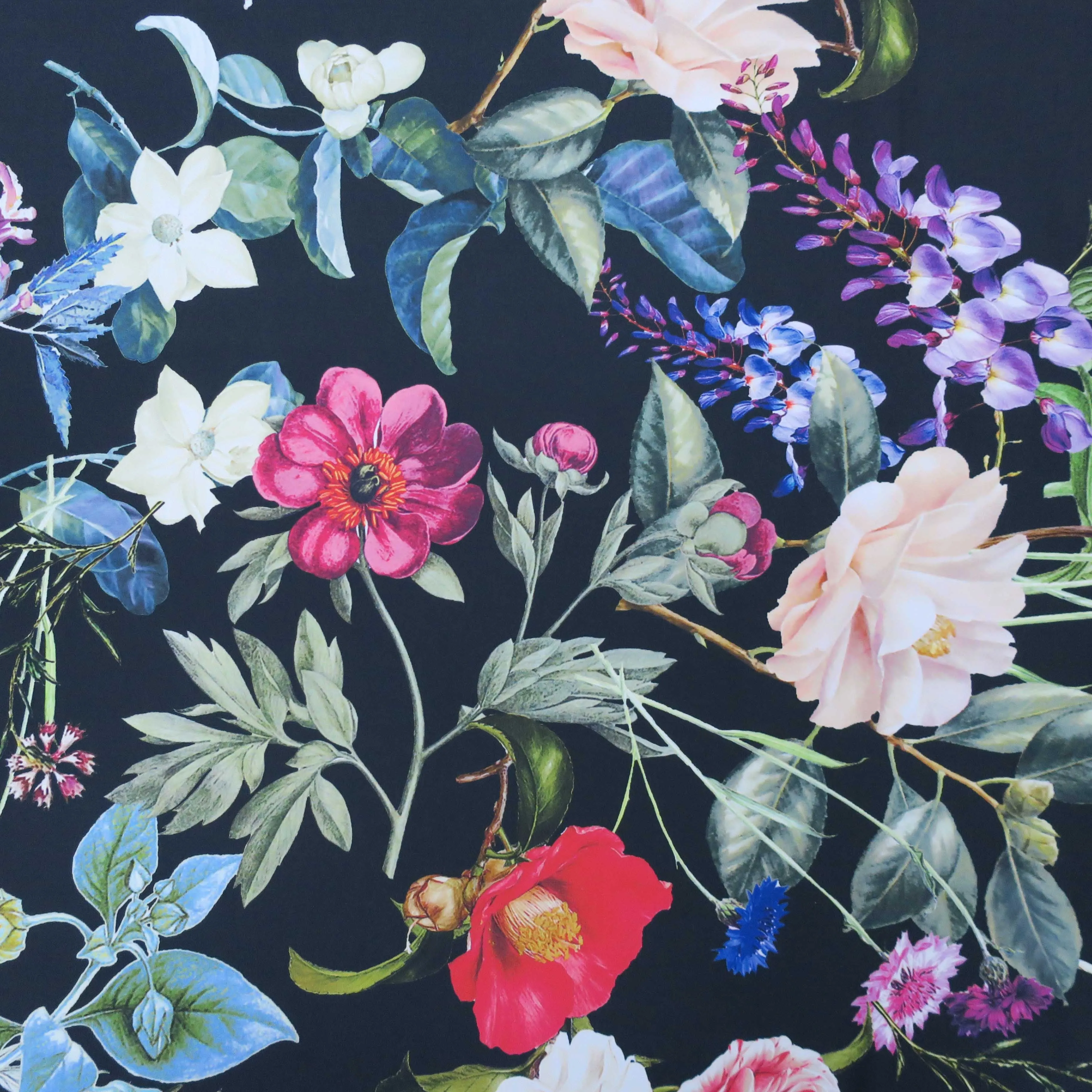 Multicolored Floral on Black Printed Polyester Crepe