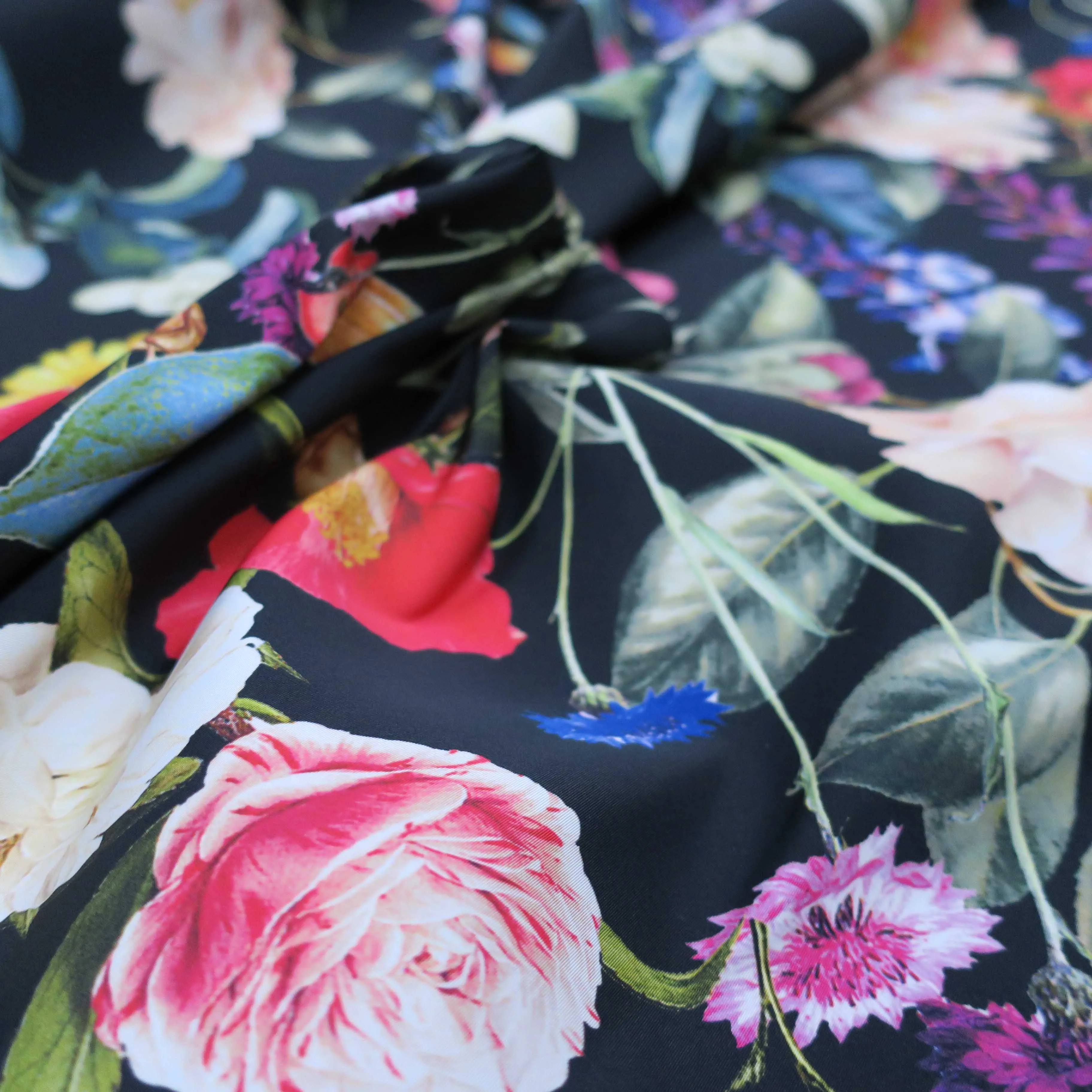 Multicolored Floral on Black Printed Polyester Crepe