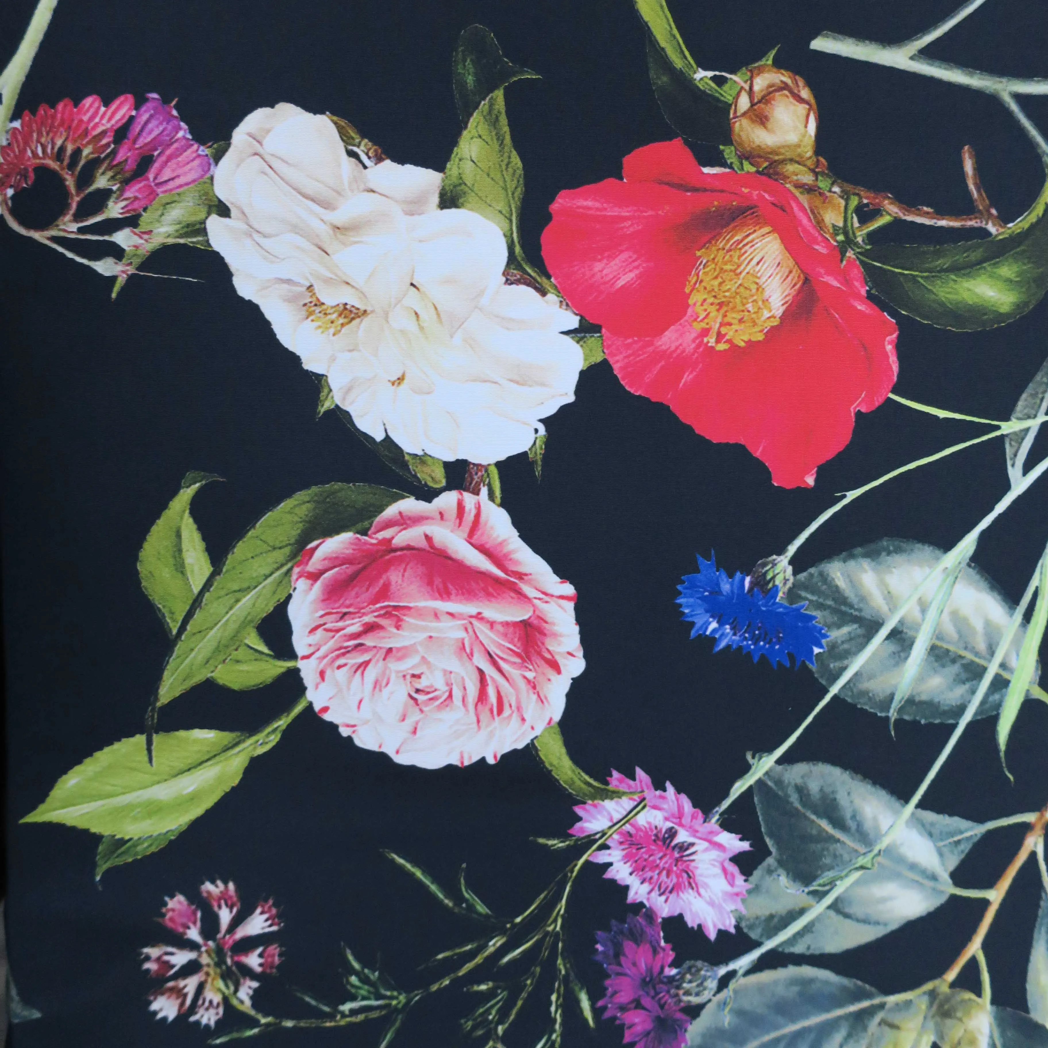 Multicolored Floral on Black Printed Polyester Crepe