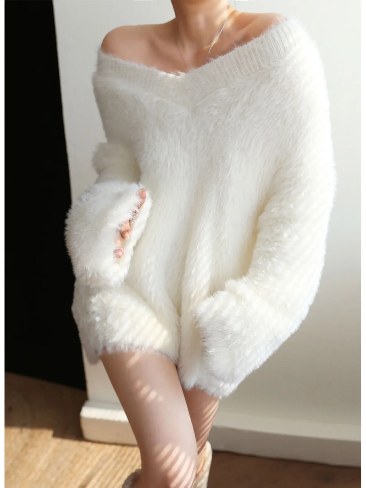 Oversized Fuzzy Graceful V-neck Sweater