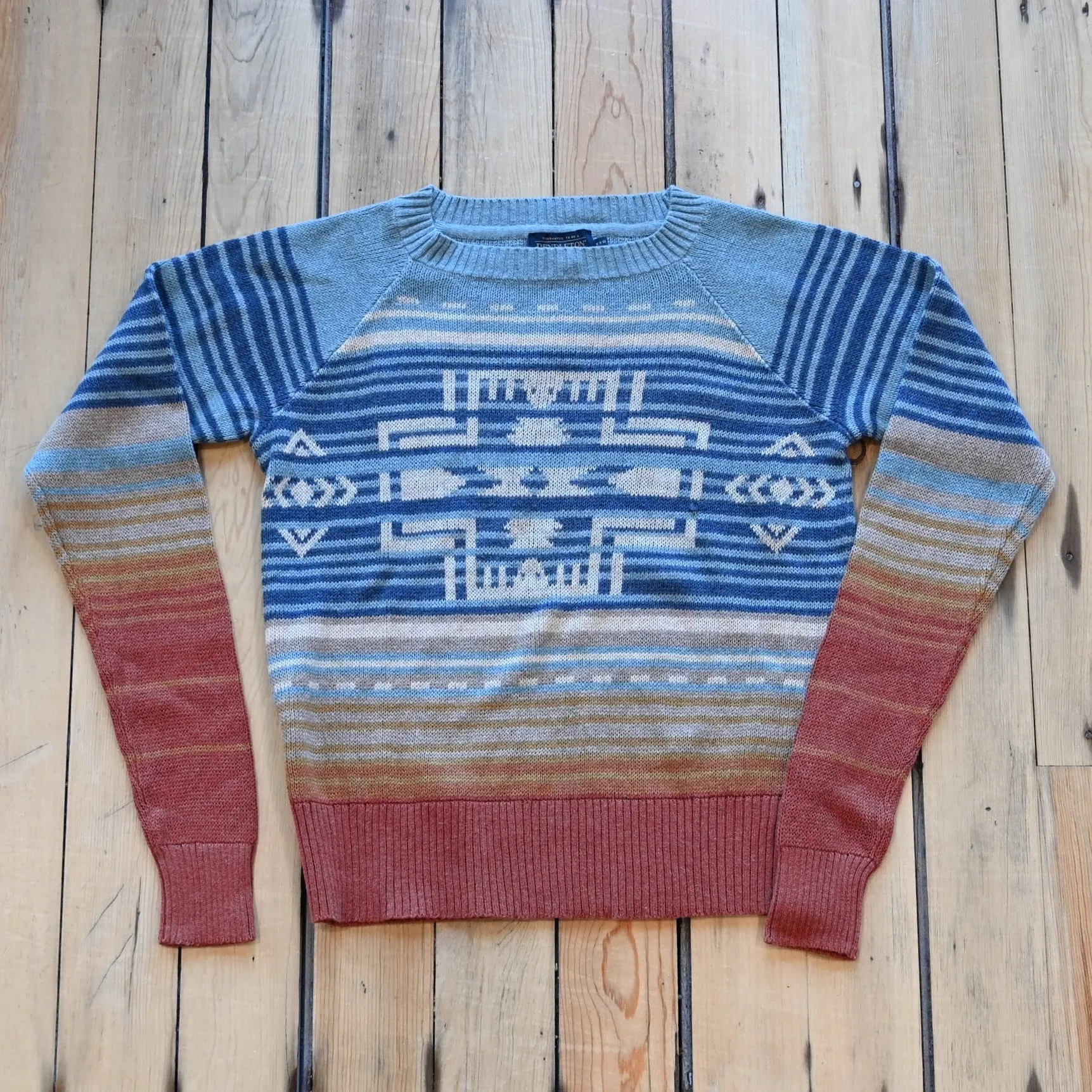 Pendleton Ladies Raglan Cotton Graphic Sweater in Glacier Blue Multi