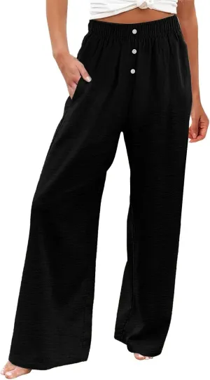 Plus Size Linen Pants Women Pull On High Waisted Casual Loose Pants 2024 Summer Boho Beach Pants with Pockets