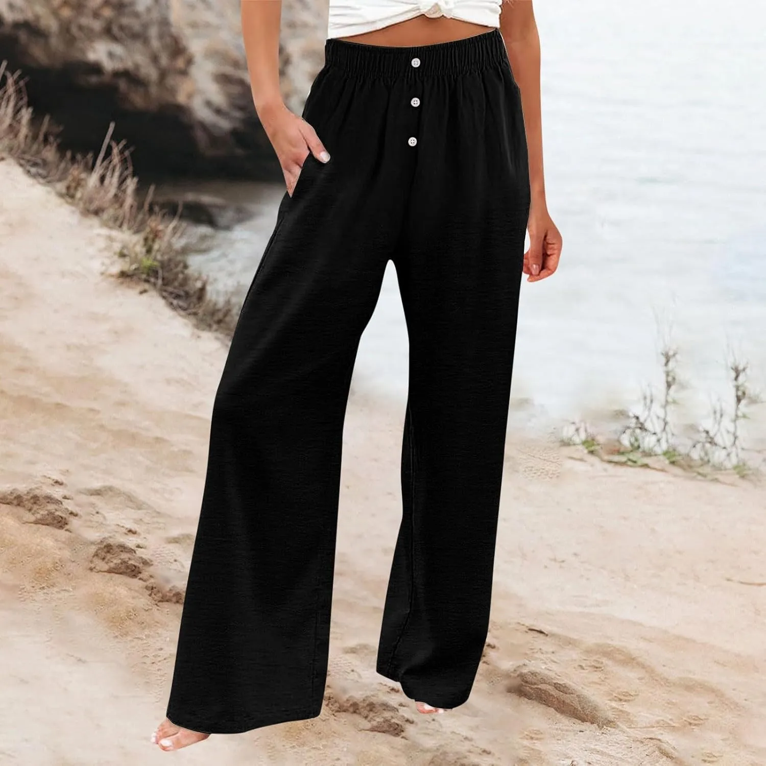 Plus Size Linen Pants Women Pull On High Waisted Casual Loose Pants 2024 Summer Boho Beach Pants with Pockets