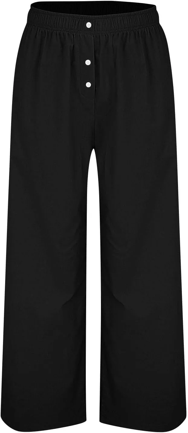 Plus Size Linen Pants Women Pull On High Waisted Casual Loose Pants 2024 Summer Boho Beach Pants with Pockets