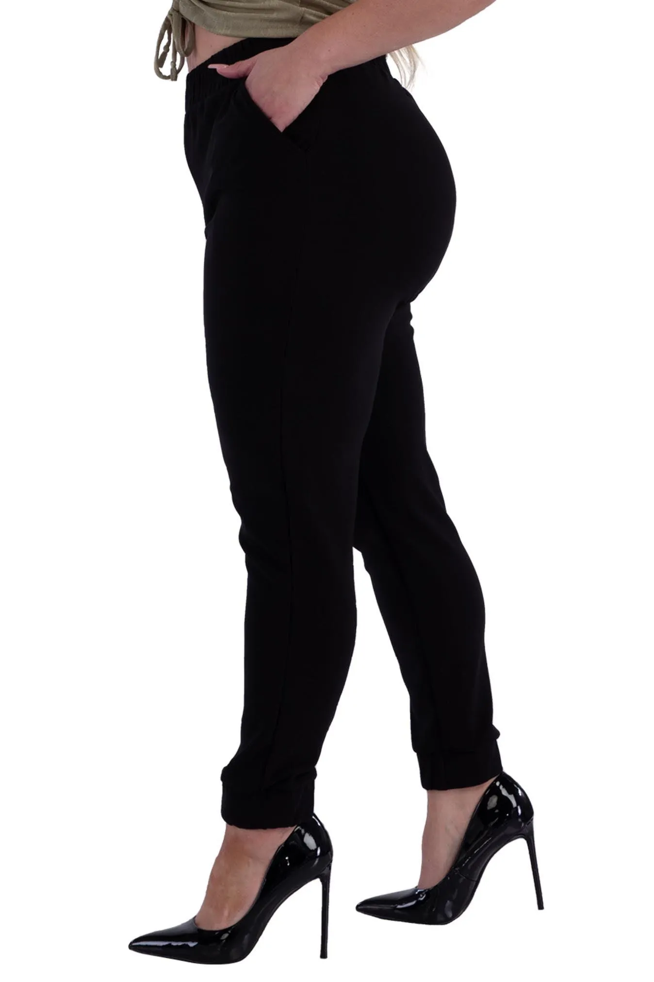 Plus Size Shirred Waist & Cuff Joggers With Pockets - Black