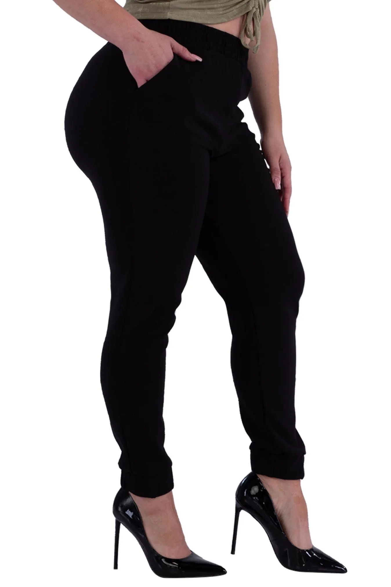 Plus Size Shirred Waist & Cuff Joggers With Pockets - Black