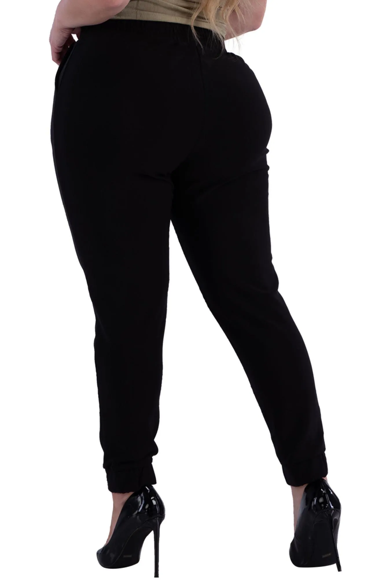 Plus Size Shirred Waist & Cuff Joggers With Pockets - Black