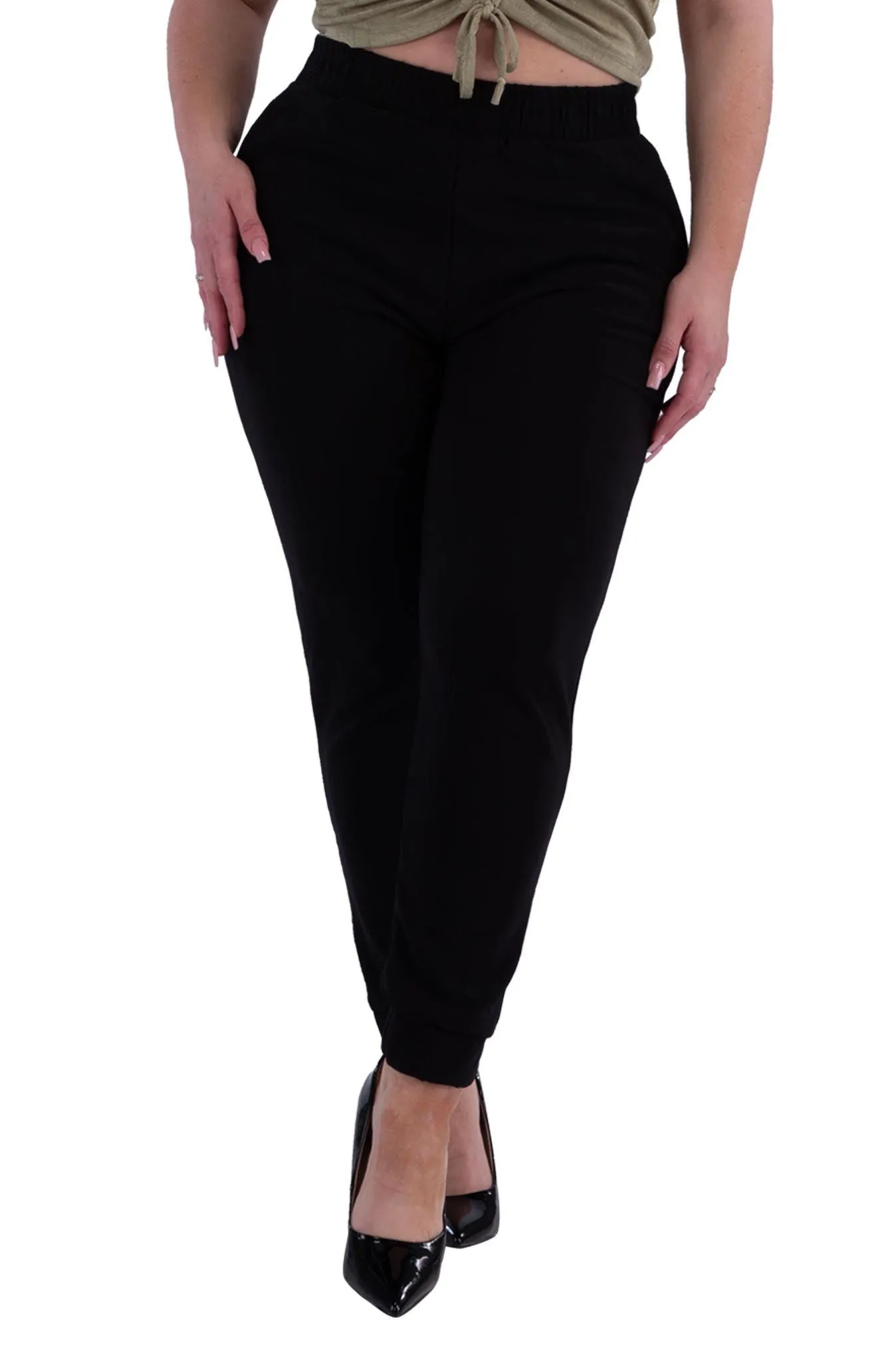 Plus Size Shirred Waist & Cuff Joggers With Pockets - Black