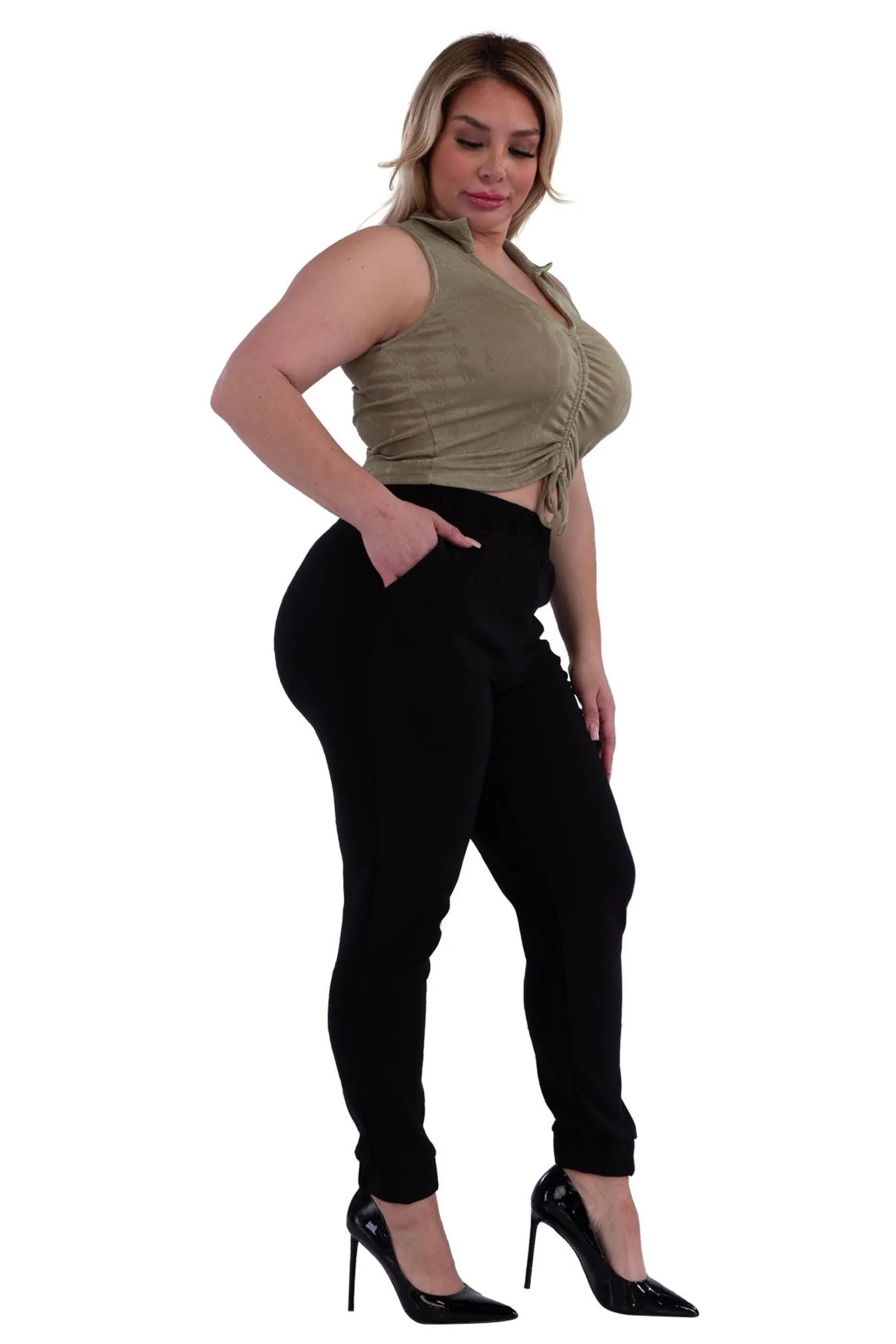 Plus Size Shirred Waist & Cuff Joggers With Pockets - Black
