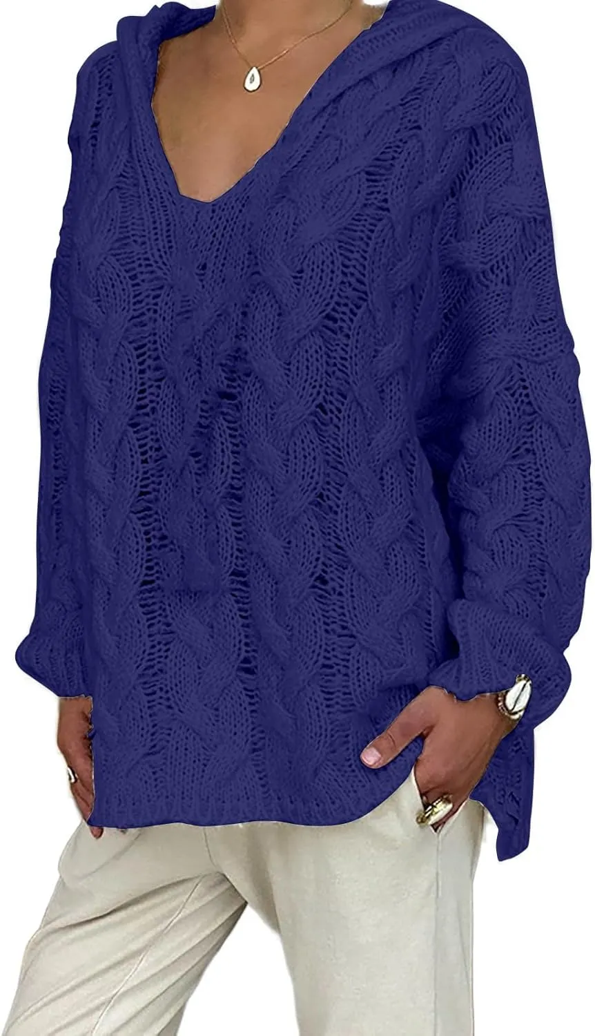 Plus Size Sweater for Women Hooded Fashion Cable Knit Sweatshirt Long Sleeve Oversized Knitwear Top Crewneck Hoodies
