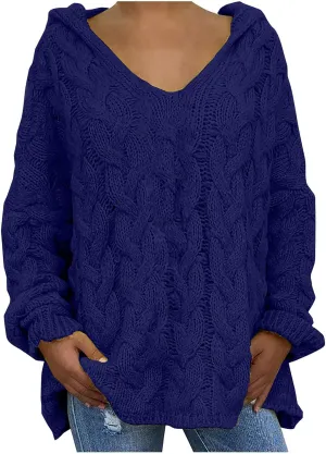 Plus Size Sweater for Women Hooded Fashion Cable Knit Sweatshirt Long Sleeve Oversized Knitwear Top Crewneck Hoodies