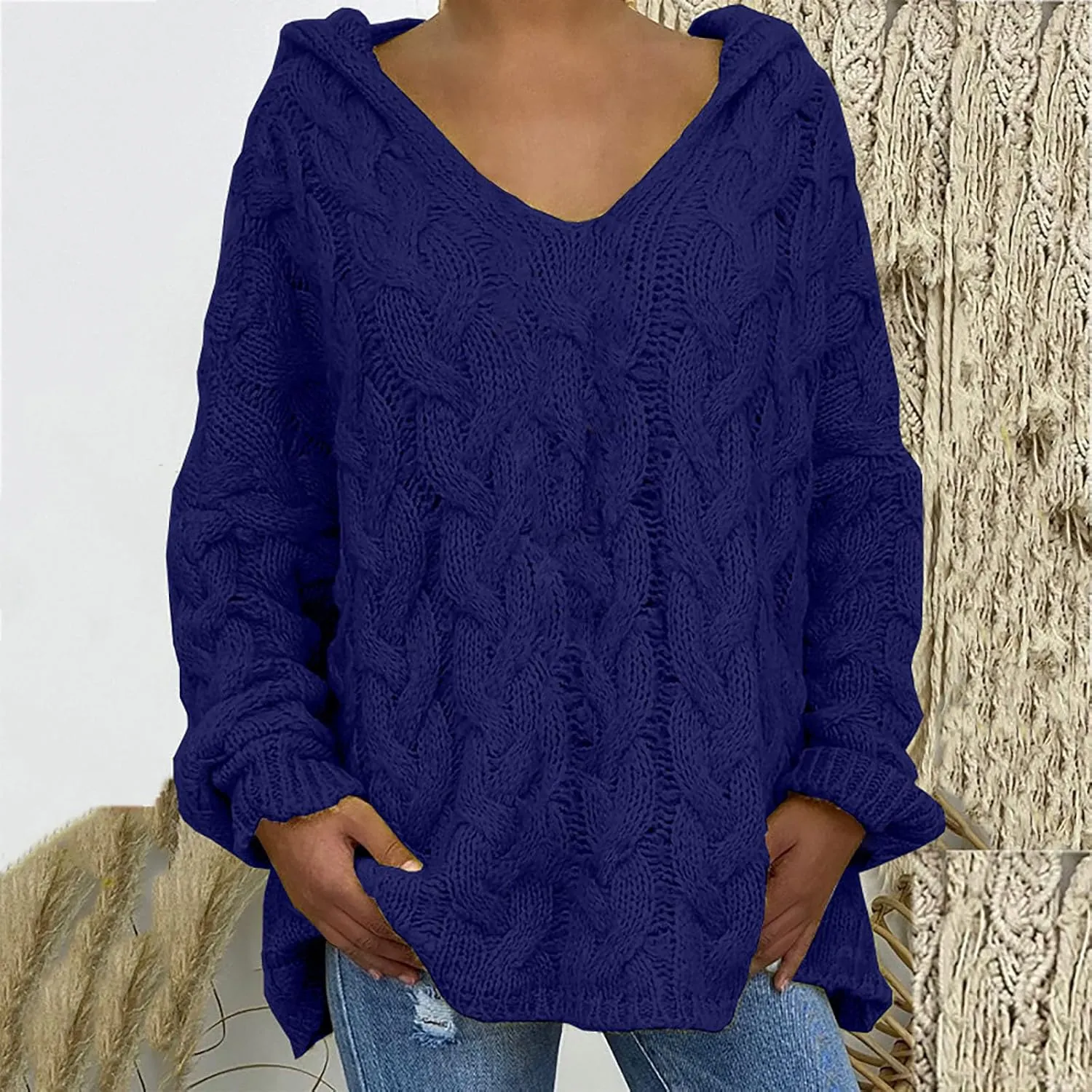 Plus Size Sweater for Women Hooded Fashion Cable Knit Sweatshirt Long Sleeve Oversized Knitwear Top Crewneck Hoodies