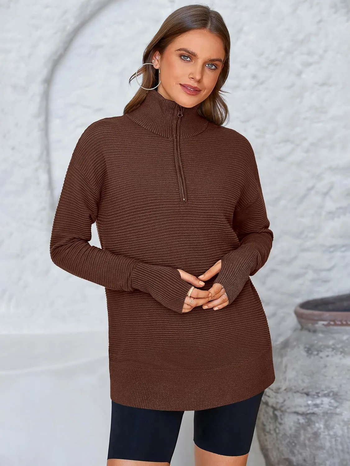 PRETTYGARDEN Womens Long Sleeve Quarter Zip Pullover Sweater Casual Loose V Neck Collared Ribbed Knit Jumper Tops Thumb Hole