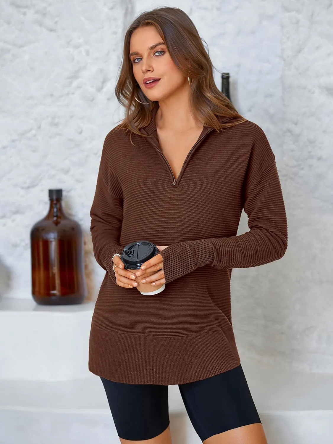PRETTYGARDEN Womens Long Sleeve Quarter Zip Pullover Sweater Casual Loose V Neck Collared Ribbed Knit Jumper Tops Thumb Hole