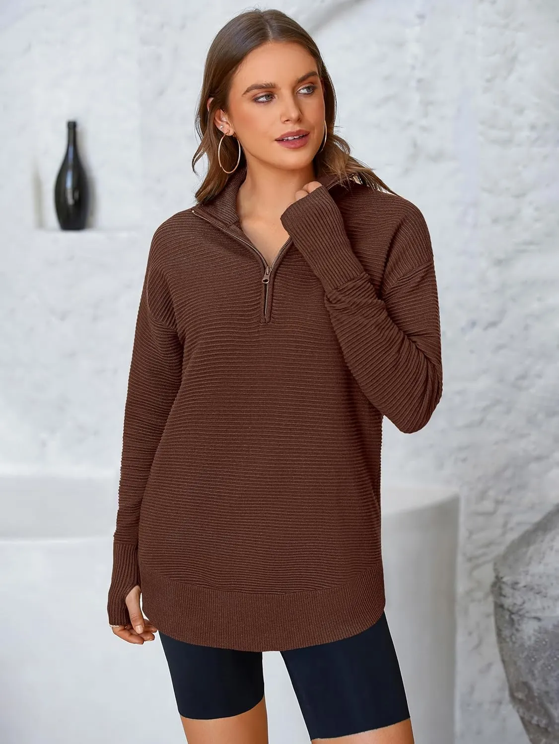 PRETTYGARDEN Womens Long Sleeve Quarter Zip Pullover Sweater Casual Loose V Neck Collared Ribbed Knit Jumper Tops Thumb Hole